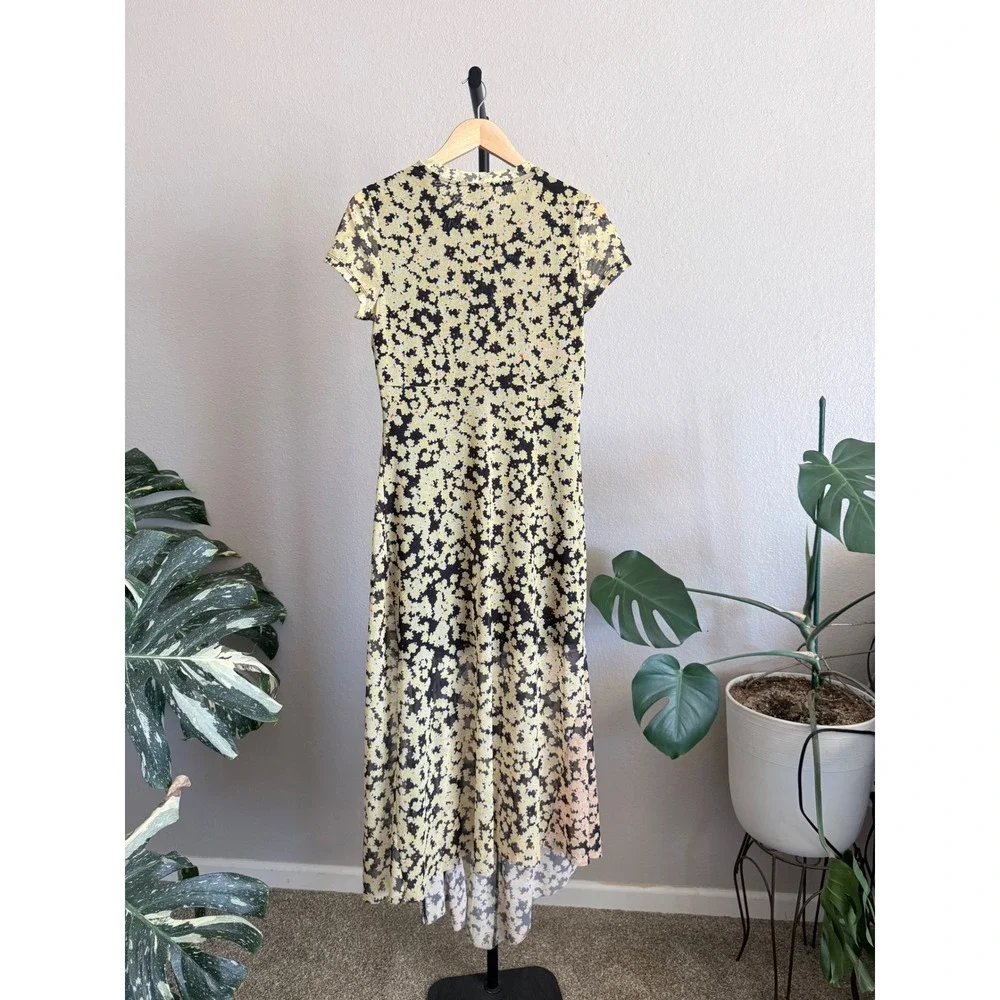 & Other Stories Yellow Floral Mesh Asymmetrical Midi Dress Size US 10